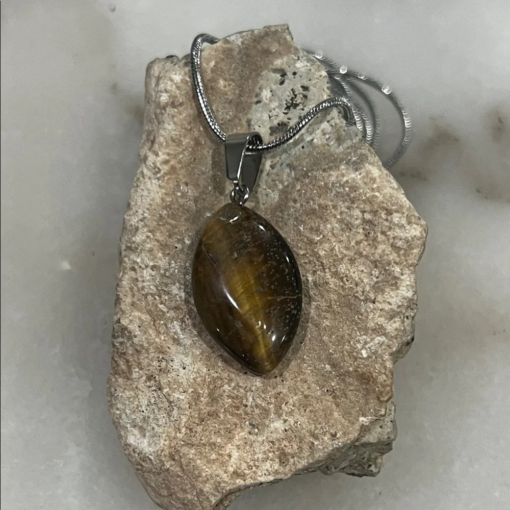 Natural Tiger Stone Marquis Pendant Necklace